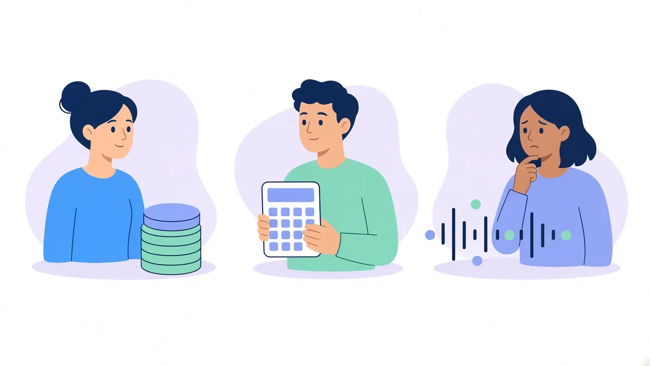 Three people side by side: a woman next to a stack of coins, a man holding a calculator, and a thoughtful woman beside a sound wave with dots