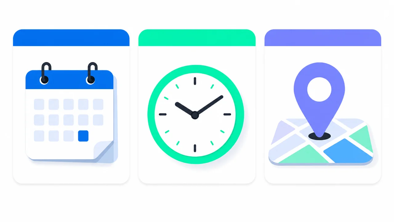 Three cards showing a calendar, a clock and a map pin, labeled in, at and on