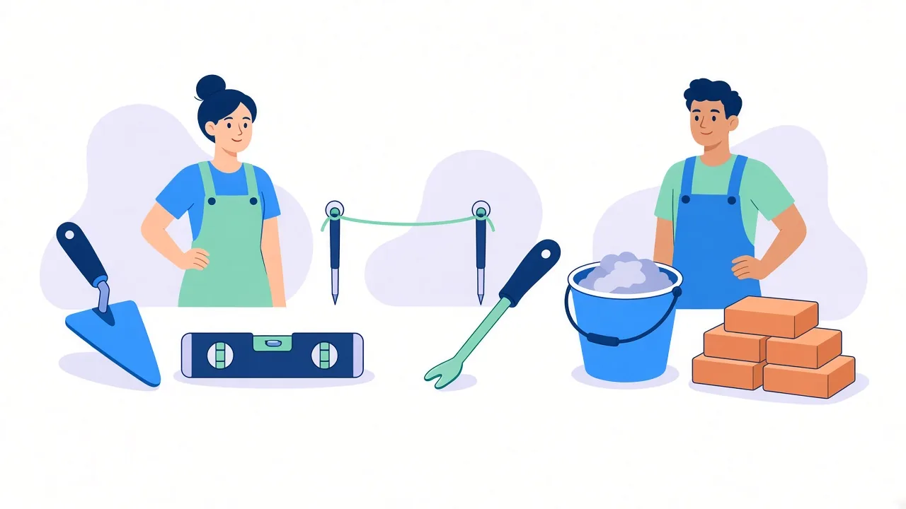 Two workers in aprons behind a row of bricklaying tools: a trowel, a spirit level, a string line between two pins, a forked hand tool, a bucket of mortar and a stack of bricks