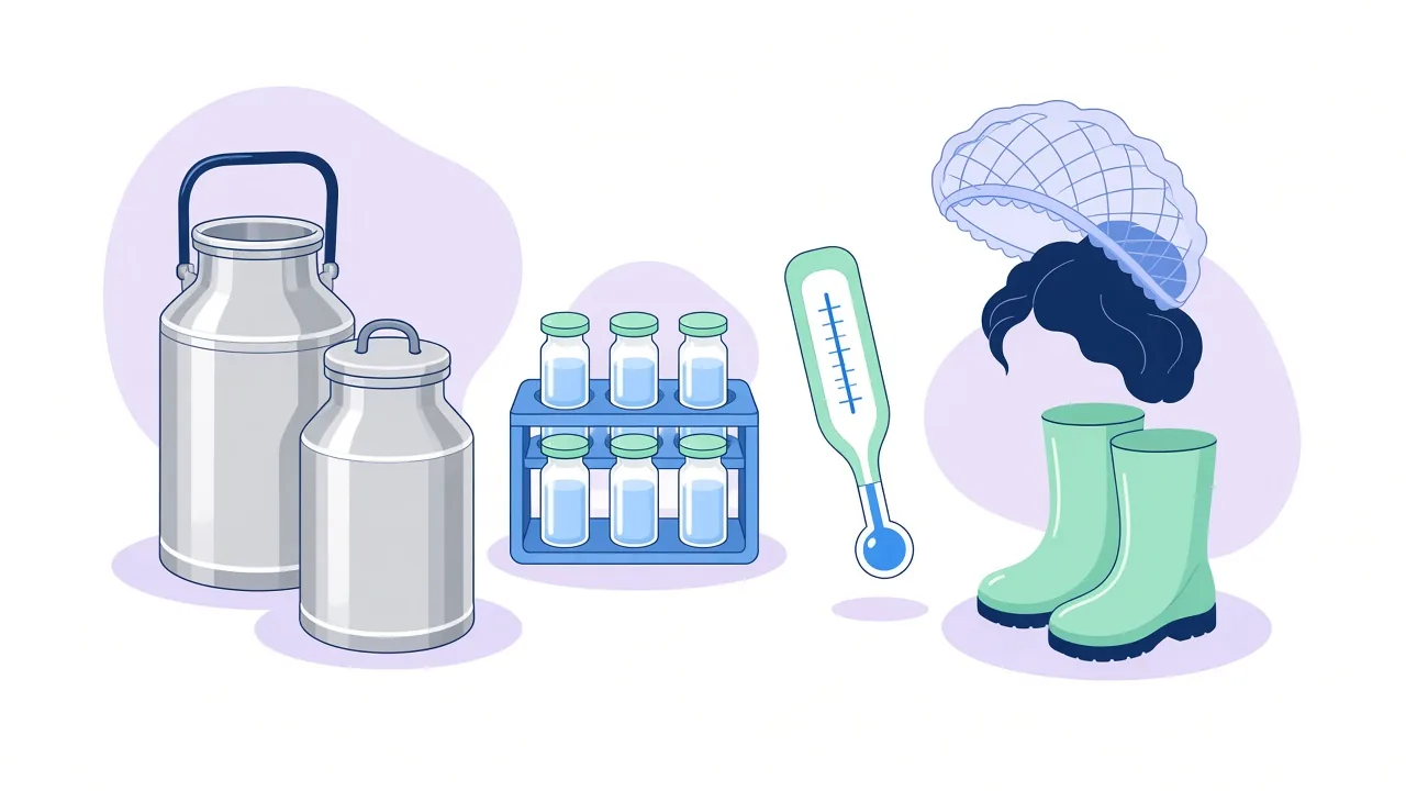 Two stainless steel milk cans, a rack of six capped sample bottles, a thermometer, a hairnet and a pair of green rubber boots