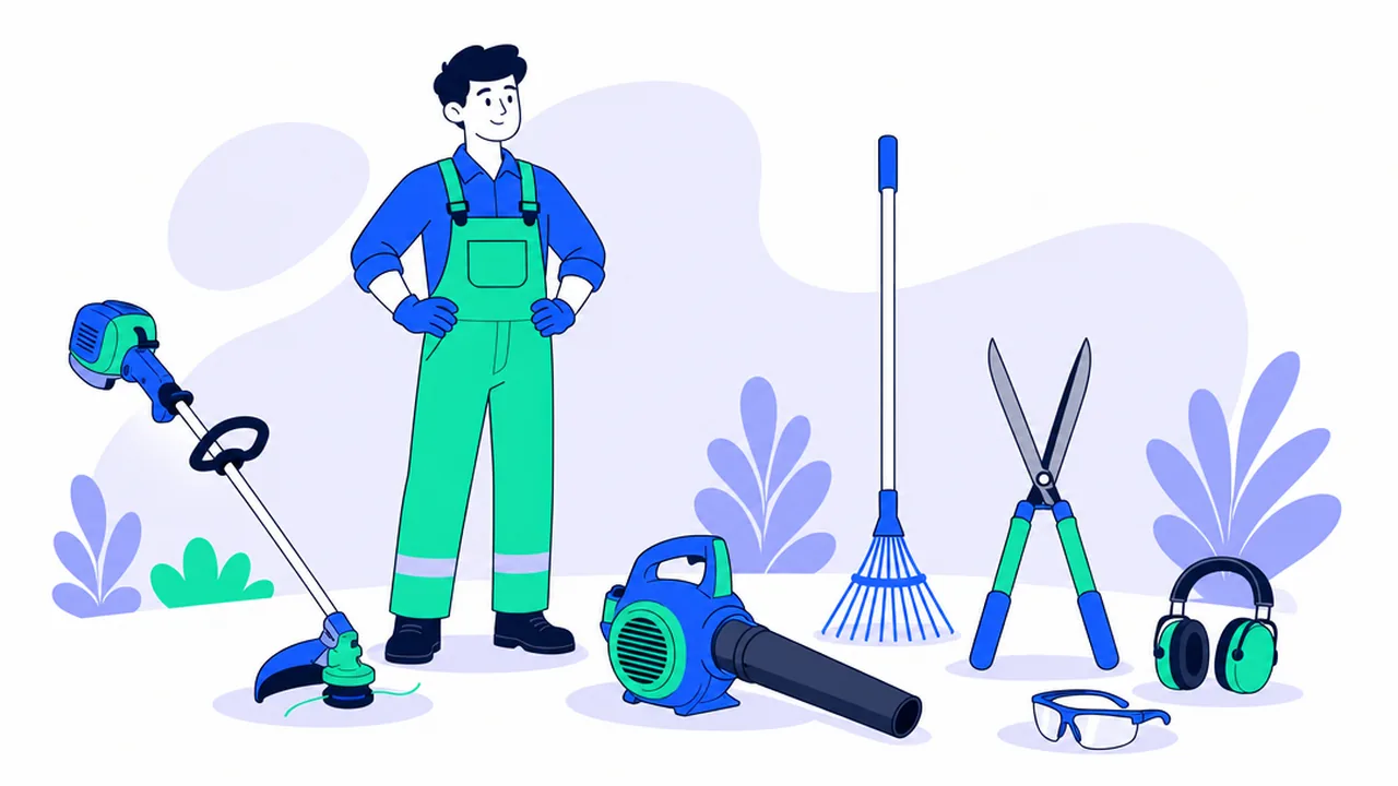 A groundskeeper in overalls standing on grass next to a string trimmer, a leaf blower, a rake, hedge shears, ear defenders and safety glasses