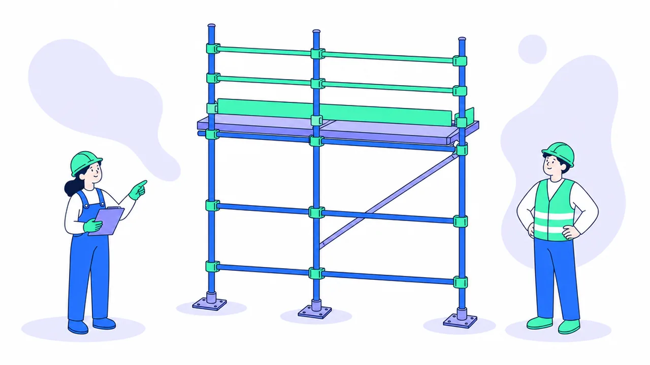 One scaffold bay with standards on base plates, ledgers, transoms, a diagonal brace, guardrails and a toe board, with two workers in hard hats beside it, one holding a clipboard