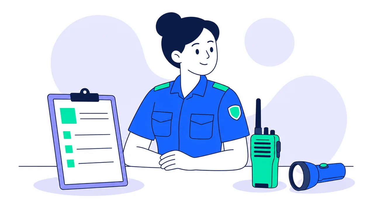 A security guard at a desk with an incident report form on a clipboard, a two-way radio and a flashlight