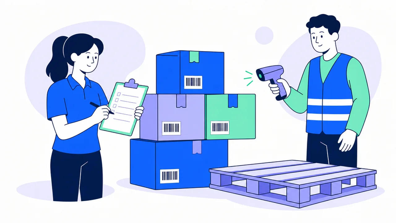 Two warehouse clerks at a receiving area: one checks a packing slip on a clipboard, the other scans barcoded boxes stacked next to a wooden pallet