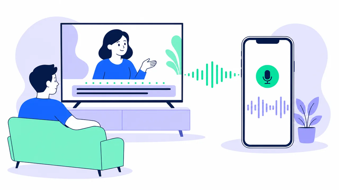 A viewer on a sofa watching a TV with a speaker and a subtitle bar on screen, next to a phone recording sound waves
