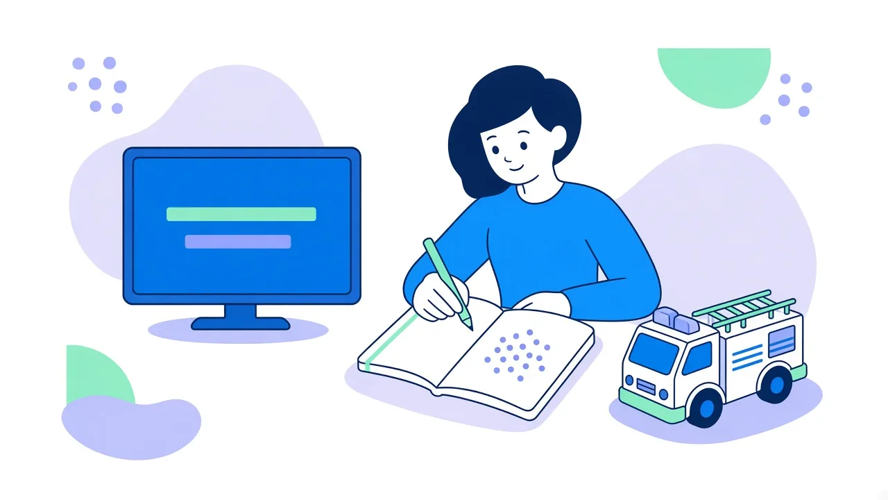 A smiling woman writes in an open notebook with a green pen next to a dot pattern, beside a monitor showing two subtitle bars and a white toy fire truck with a ladder