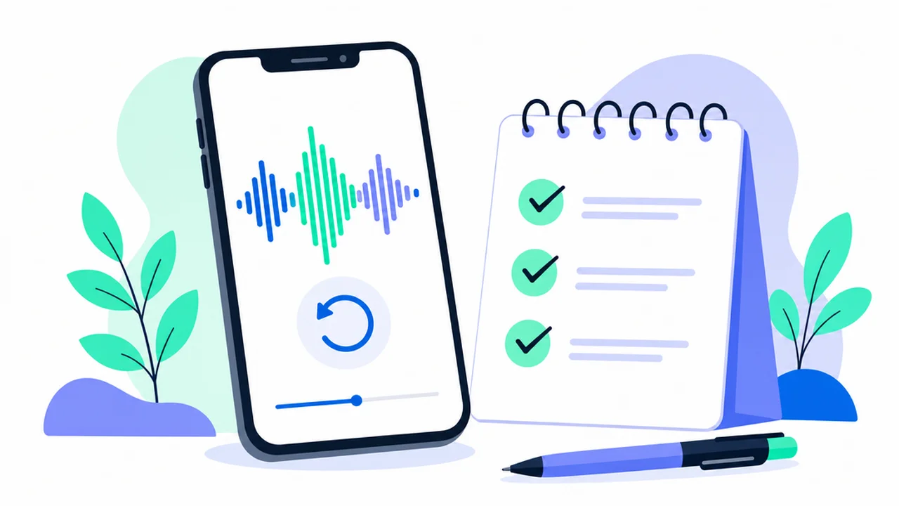 A phone showing a sound wave and a replay arrow next to a notepad with check marks