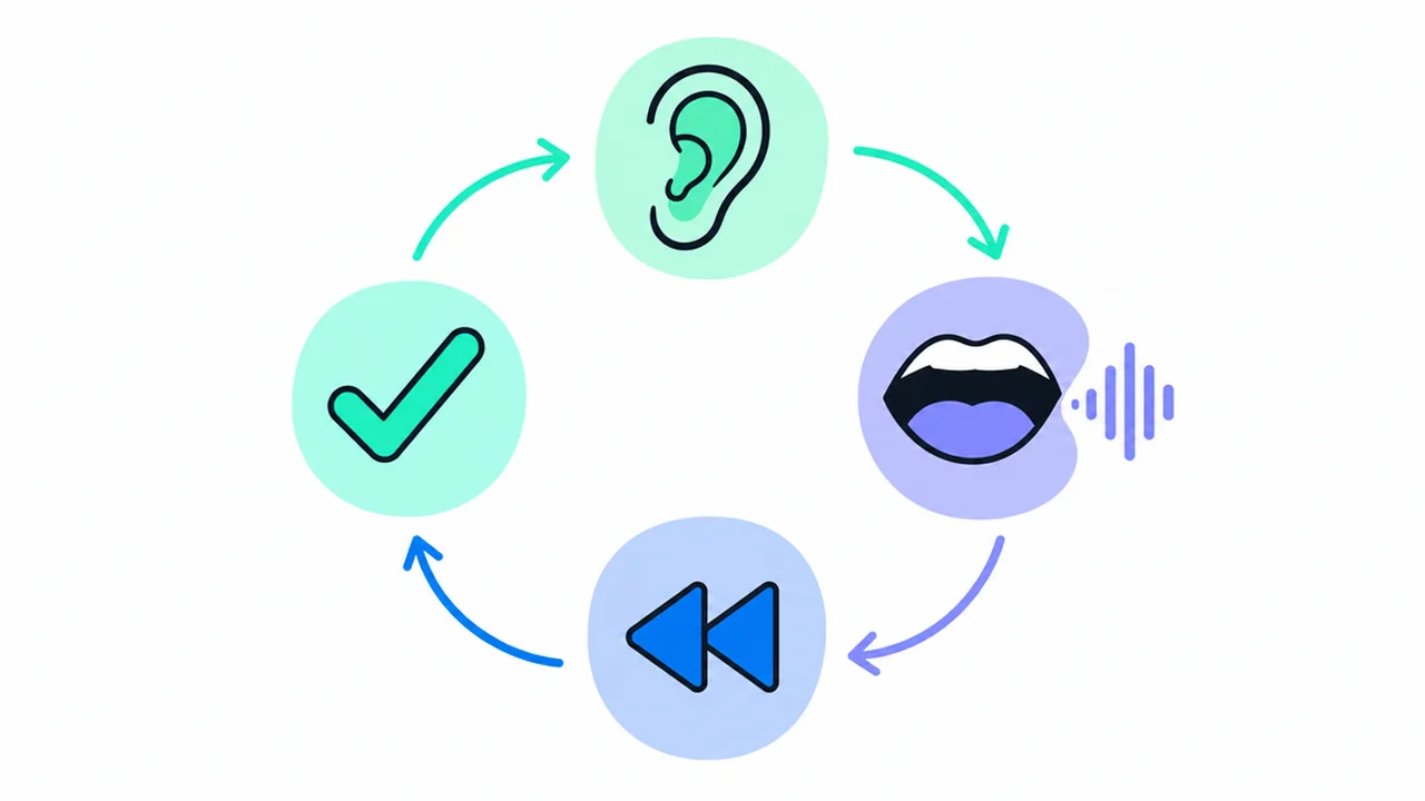 Cuatro iconos en un ciclo: una oreja, una boca, una flecha de retroceso y una marca de verificación, que muestran el ciclo de shadowing de escuchar, hablar encima, volver atrás y revisar