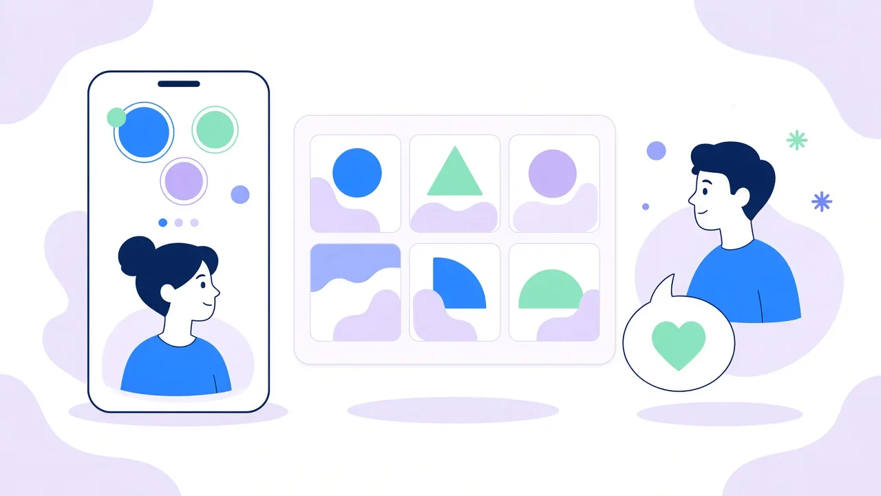 A phone with three round story circles in blue, green and purple above a smiling woman, a grid of six photos made of simple shapes, and a young man next to a speech bubble with a green heart