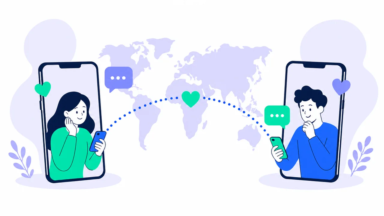 Two phones connected by a dotted line across a simple world map, with heart and chat bubble shapes between them