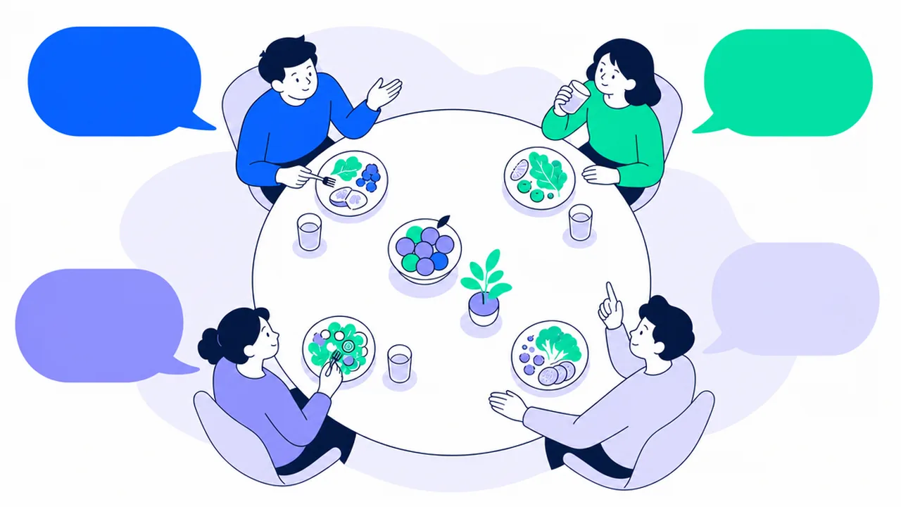 A round lunch table seen from above with four people, plates of salad and fruit, glasses of water and four colored speech bubbles