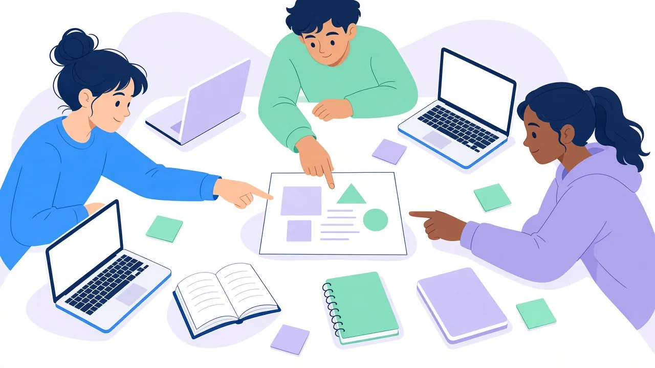 Three students around a table pointing at a shared sheet with simple shapes, with laptops, an open book, notebooks and green and purple sticky notes