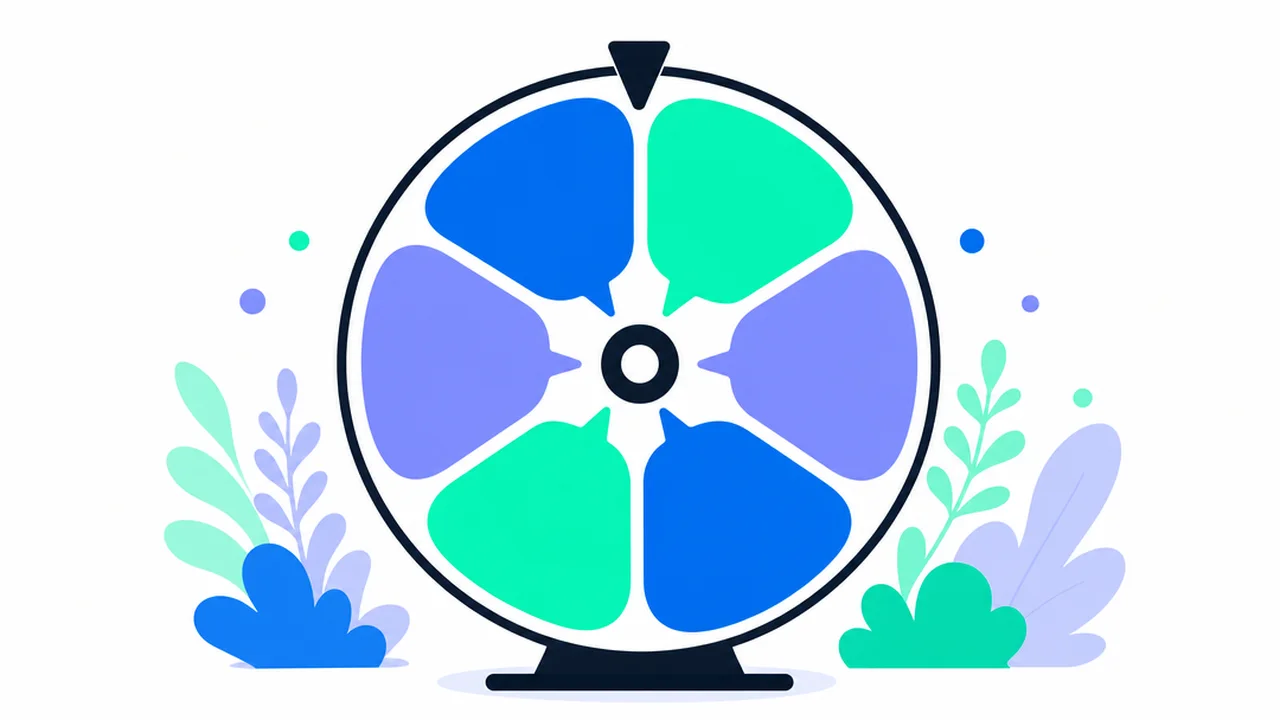 A spinner wheel made of speech-bubble segments, one segment highlighted as the chosen topic