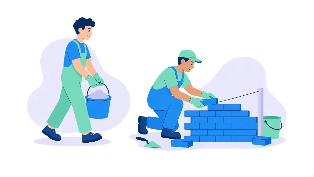 A worker in green overalls carrying a bucket of mortar towards a kneeling bricklayer who lays bricks along a string line tied to a corner post