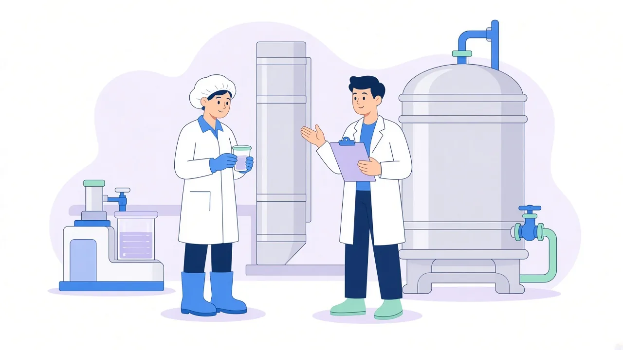 A dairy plant worker in a hairnet, white coat, blue gloves and rubber boots holds a milk sample beside stainless steel tanks while a colleague with a clipboard talks to the worker