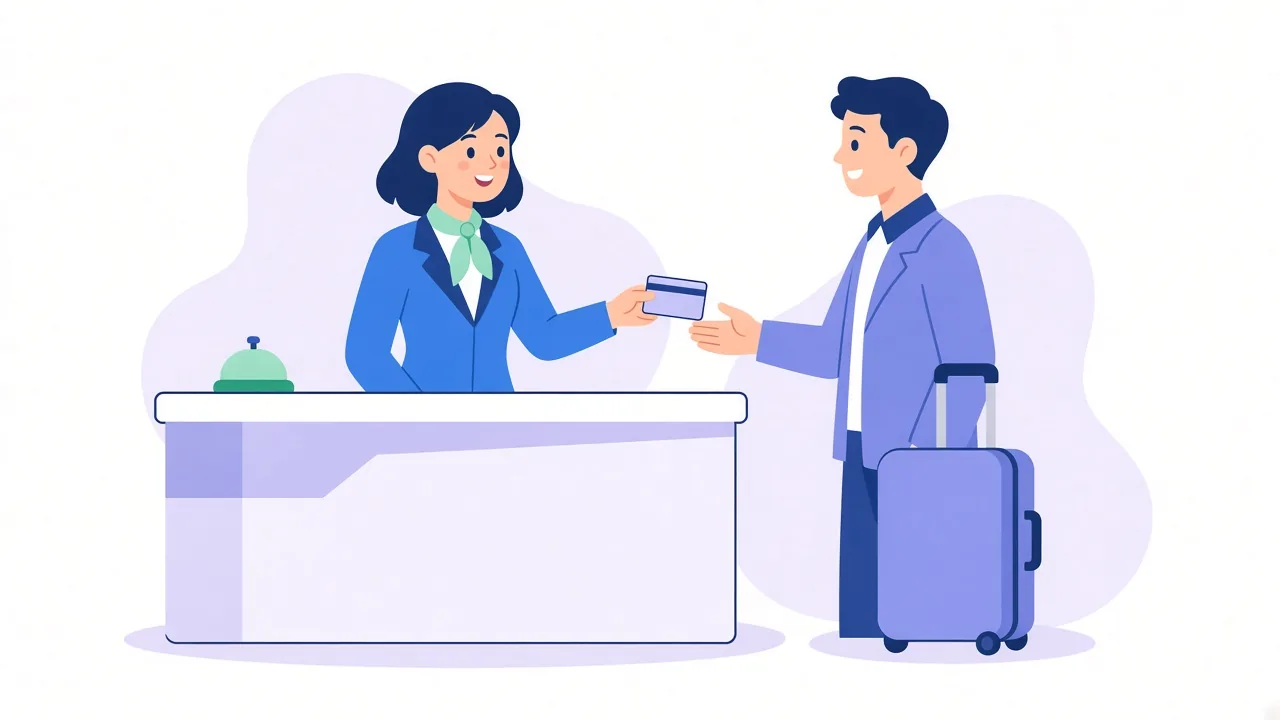A smiling hotel front desk agent in a blue blazer and green scarf hands a key card to a guest with a rolling suitcase at a reception counter with a service bell