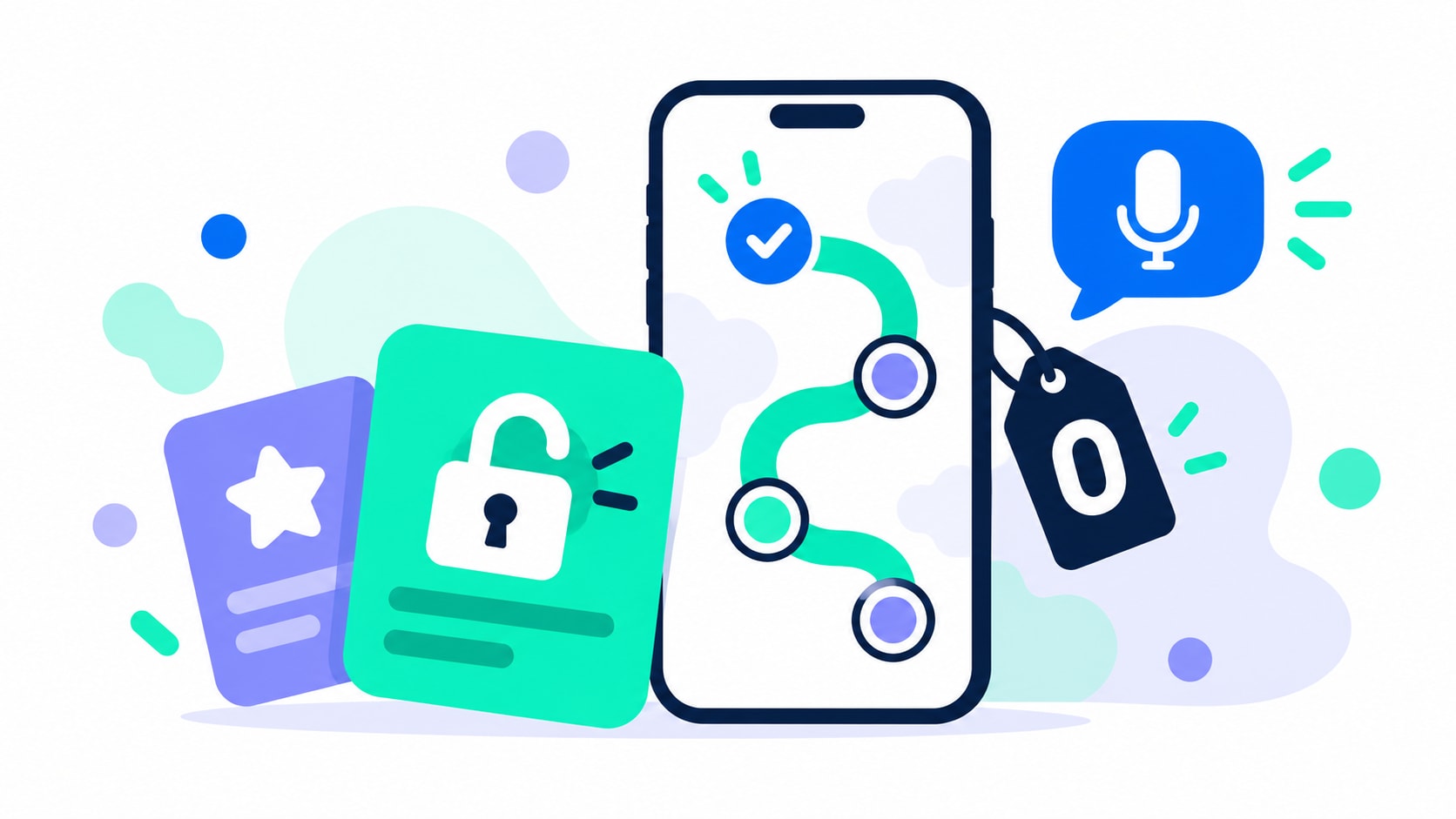 Um celular azul-marinho com cartões de lições abertos e uma pequena etiqueta de preço em azul, turquesa e lavanda