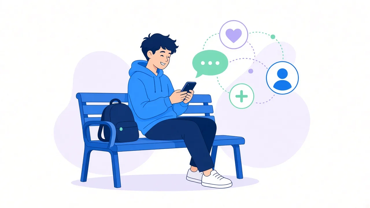 A young person in a blue hoodie sits on a blue park bench next to a backpack and smiles at a phone; a green chat bubble with three dots and circles with a heart, a person icon and a plus sign float above