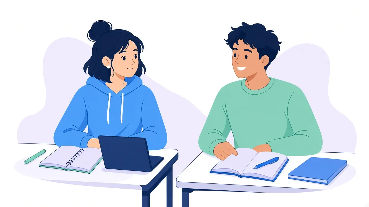 Two students at desks side by side smiling at each other: one in a blue hoodie with a laptop and a spiral notebook, the other in a green sweater with an open notebook and a pen