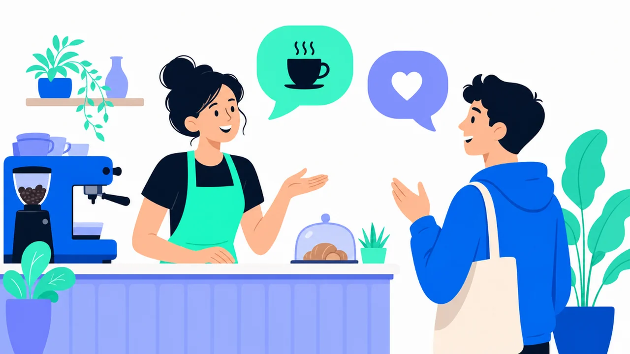 A barista and a customer at a cafe counter exchanging short speech bubbles