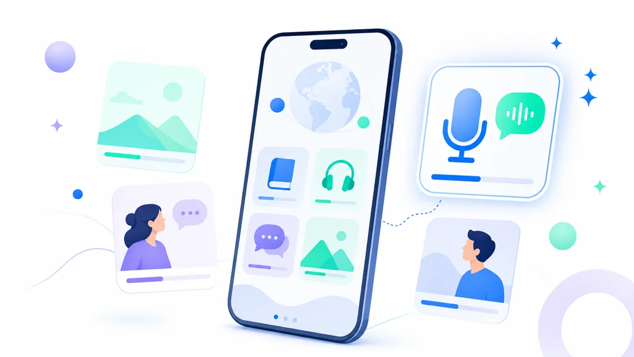 Smartphone cercado de cartões de aplicativos para praticar conversação em inglês