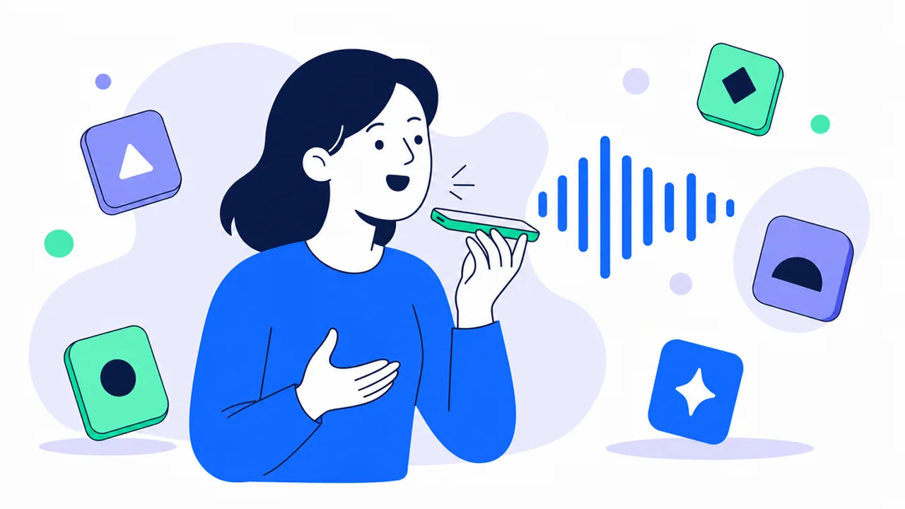A person speaking into a phone microphone, surrounded by sound wave shapes and floating tiles