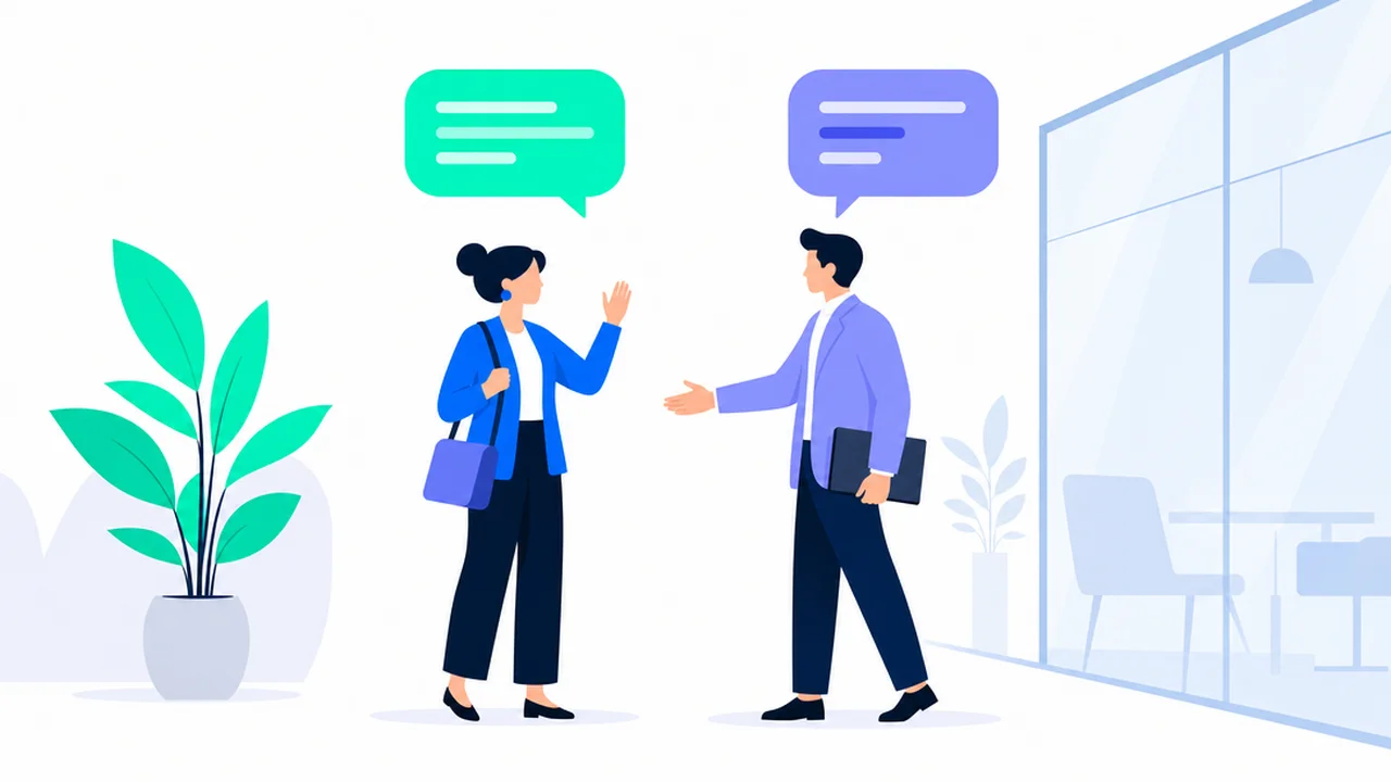Two people greeting each other in an office hallway, with short speech bubbles above them
