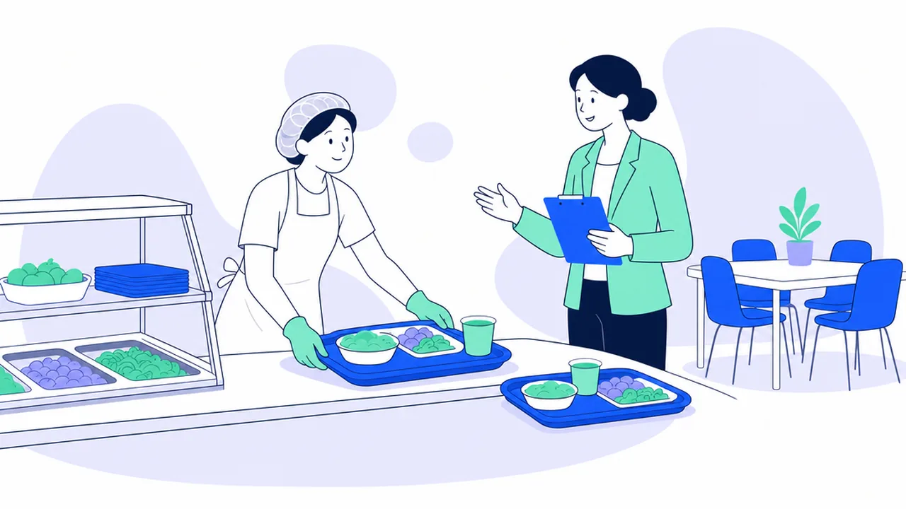 A catering assistant in a white apron and hairnet setting out trays at a school canteen counter while a catering manager with a clipboard talks to them