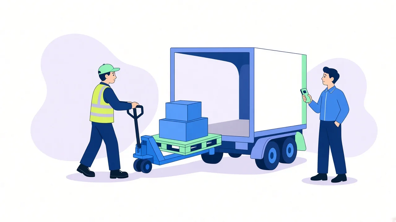 A dock worker in a hi-vis vest and cap pushes boxes on a pallet jack toward an open truck while a man in a blue shirt holds a handheld scanner