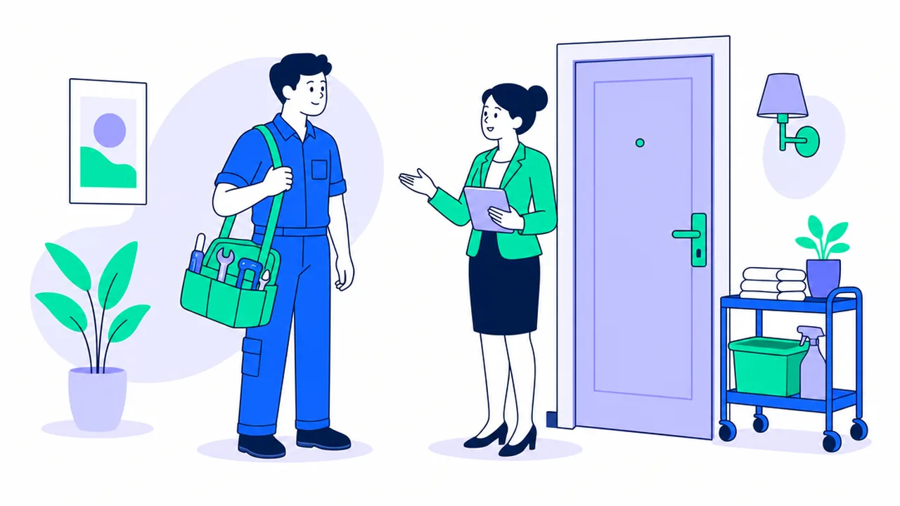 A hotel maintenance technician in blue overalls with a green tool bag talks with a manager holding a tablet in a hotel corridor, next to a guest room door and a housekeeping cart