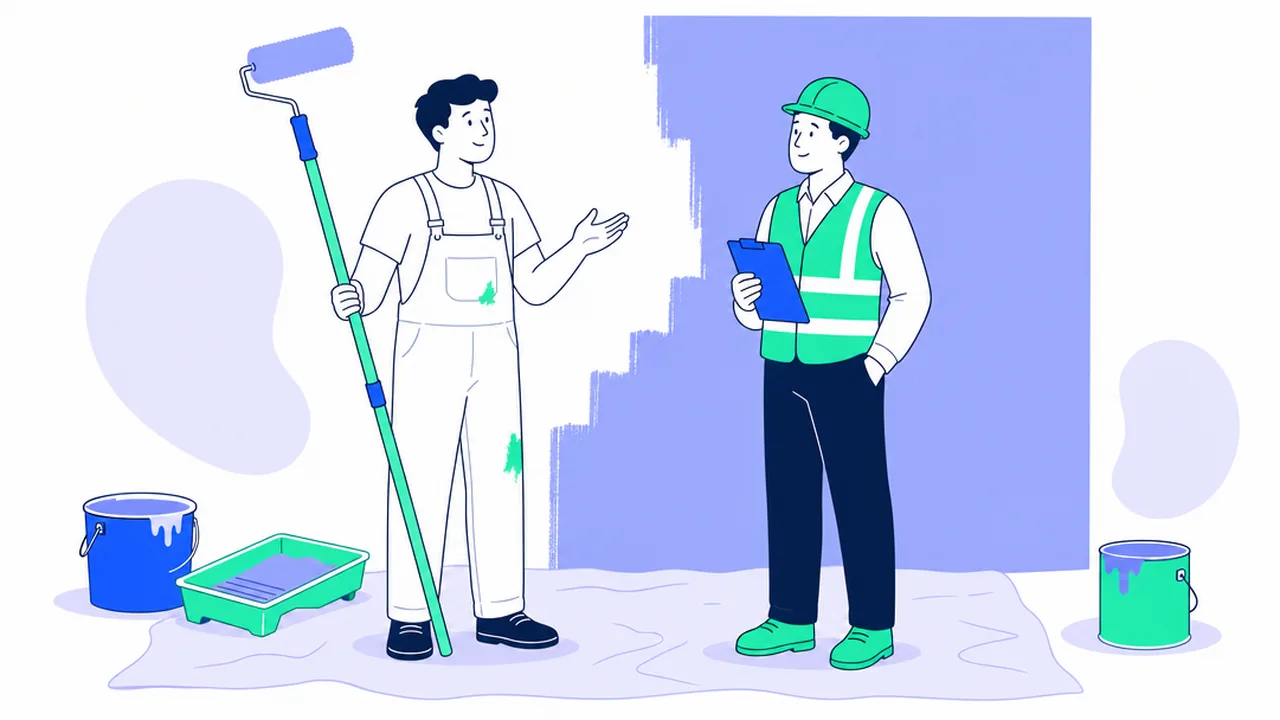 A painter in white overalls holding a roller on an extension pole talks with a site manager in a hard hat and hi-vis vest who holds a clipboard, in front of a half-painted wall, with a drop cloth and paint cans on the floor