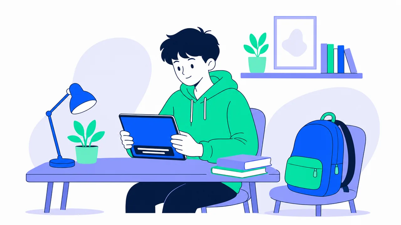 A teenager in a green hoodie reading a tablet with a subtitle bar at a desk, next to a lamp, a stack of books and a blue school backpack on a chair