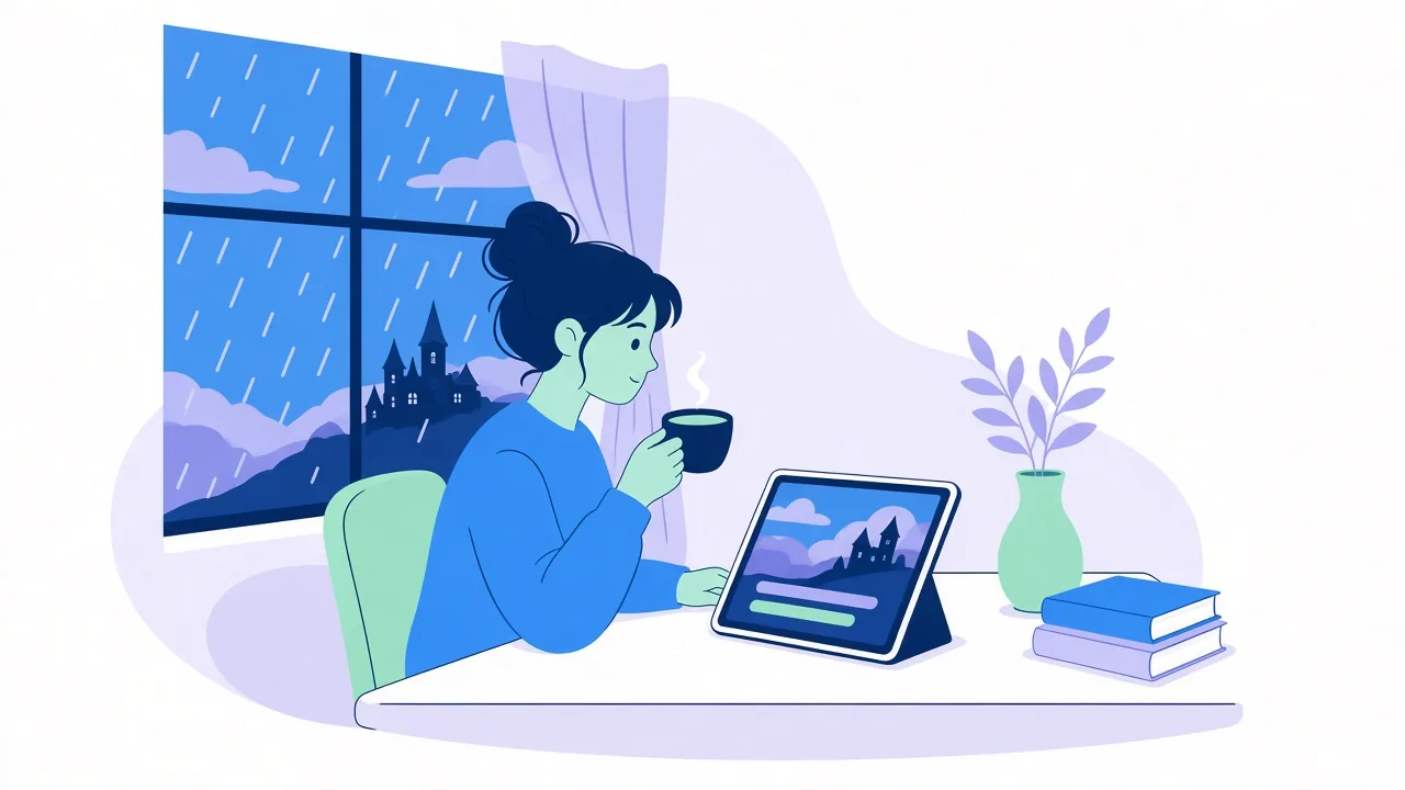 A woman with her hair in a bun sips tea by a rainy window with a castle on a hill outside, watching a tablet with two subtitle bars, next to a vase and two books