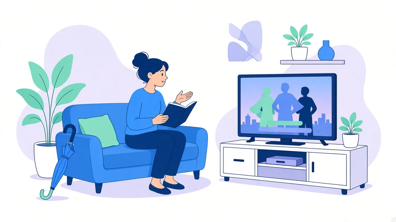 A woman on a blue sofa holding an open book and gesturing at a TV that shows three silhouettes against a city skyline with subtitle bars, a closed blue umbrella leaning on the sofa