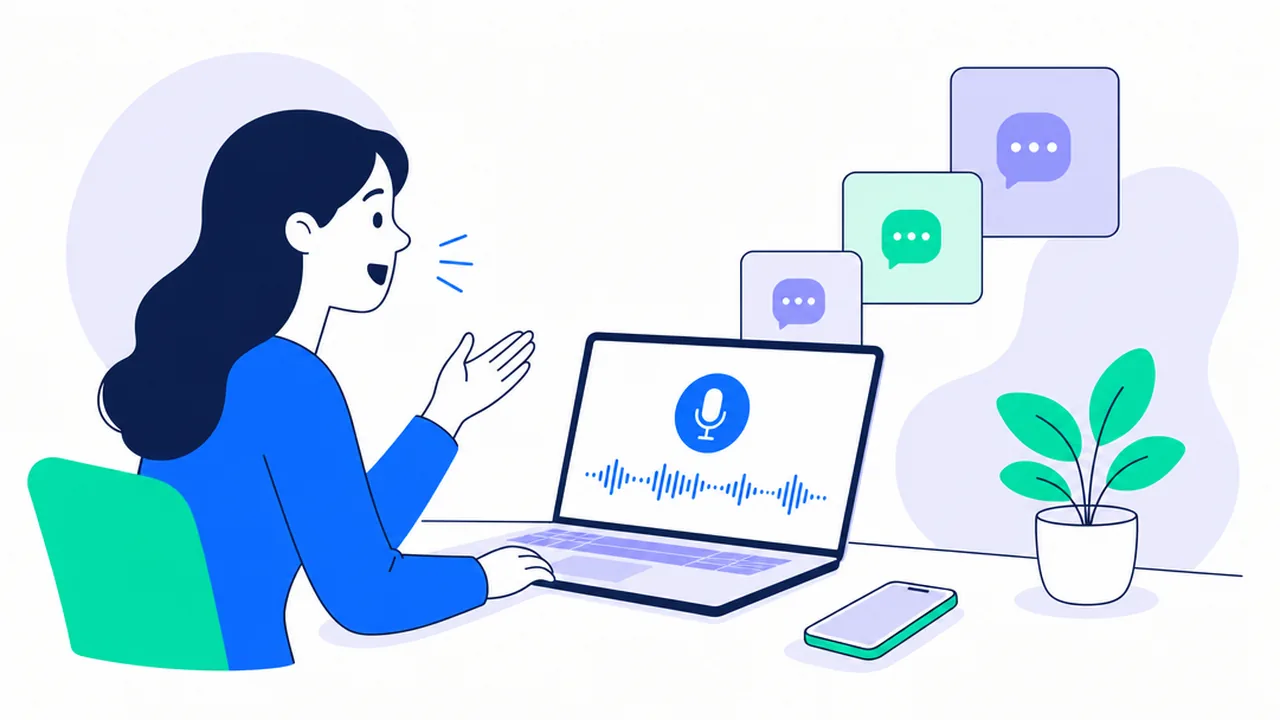 A woman at a laptop speaks out loud, with a microphone and a sound wave on the screen and three speech-bubble cards rising like steps beside her