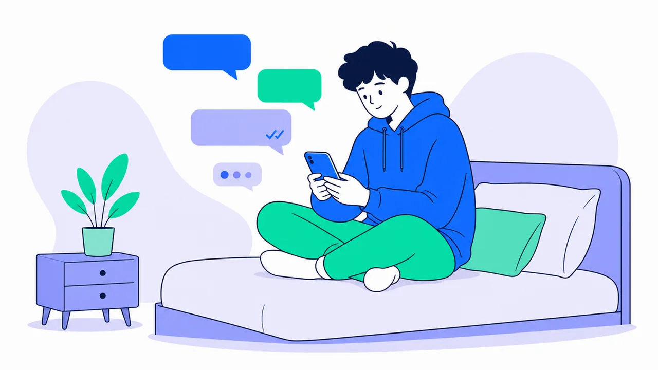 A young person with dark curly hair in a blue hoodie sits cross-legged on a bed and smiles at a phone; chat bubbles float above, one with two check marks and one with typing dots