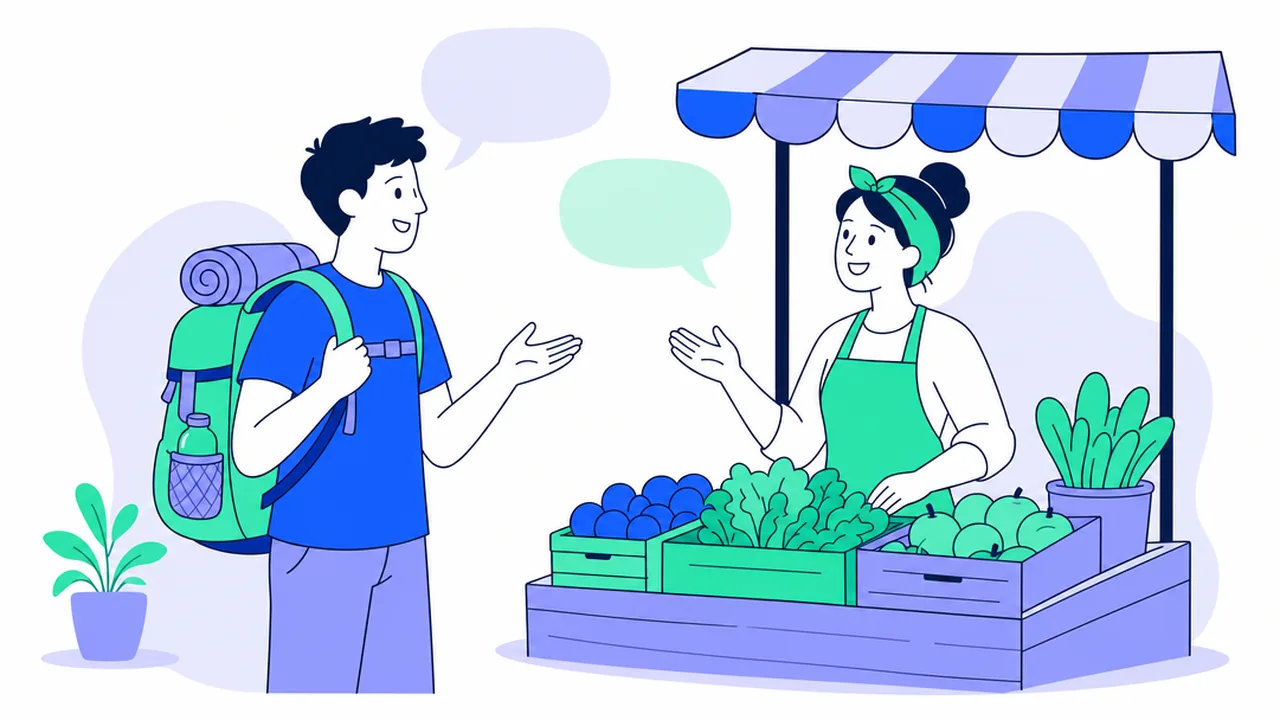 A traveler with a backpack chatting with a local market vendor under an awning, both smiling, with simple speech bubble shapes above them