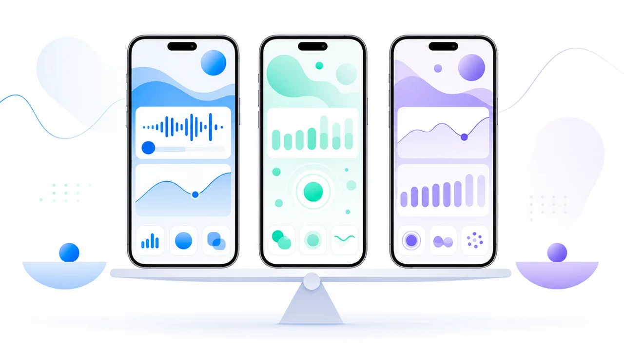 Três celulares com interfaces abstratas diferentes sobre um suporte em equilíbrio, ilustrando o comparativo