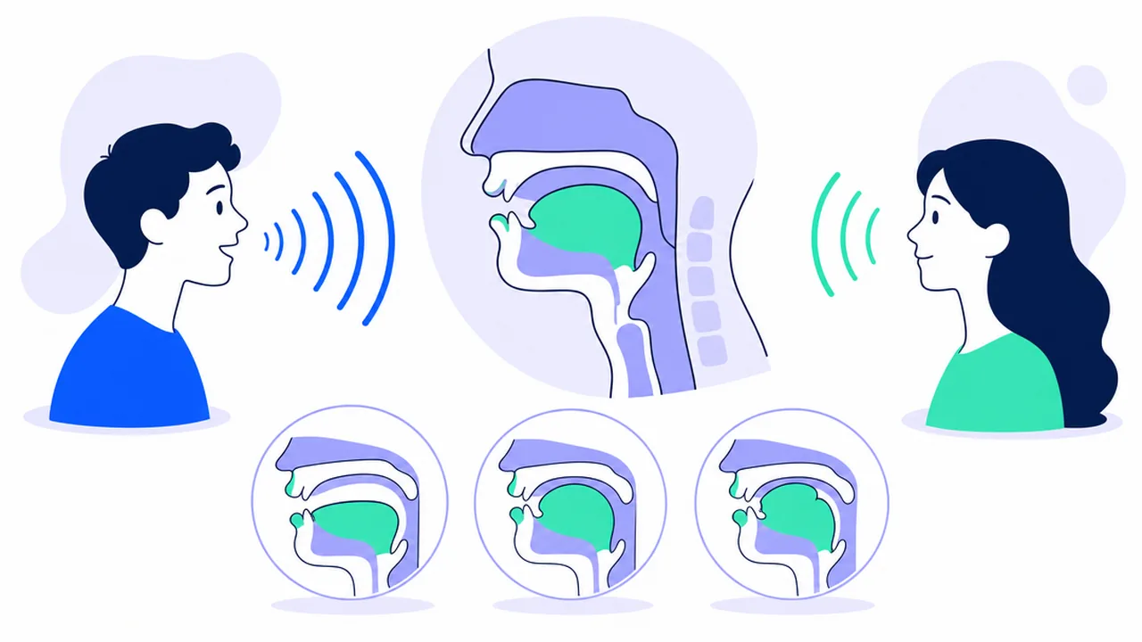 Two people speaking, with side-view diagrams of the mouth and tongue and sound waves between them