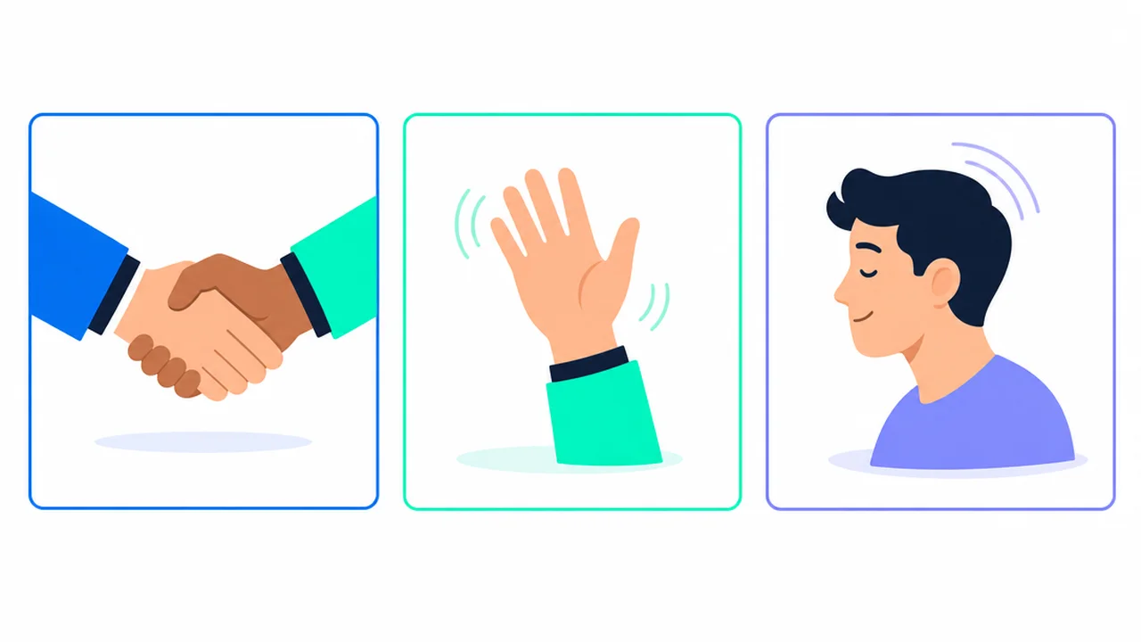 Three panels showing a handshake, a wave and a nod, labeled formal, neutral and casual