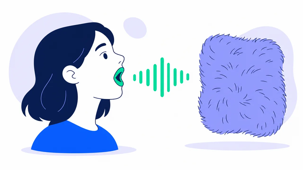 A woman in profile with an open mouth saying a long vowel, a sound wave between her and a square swatch of soft purple fur