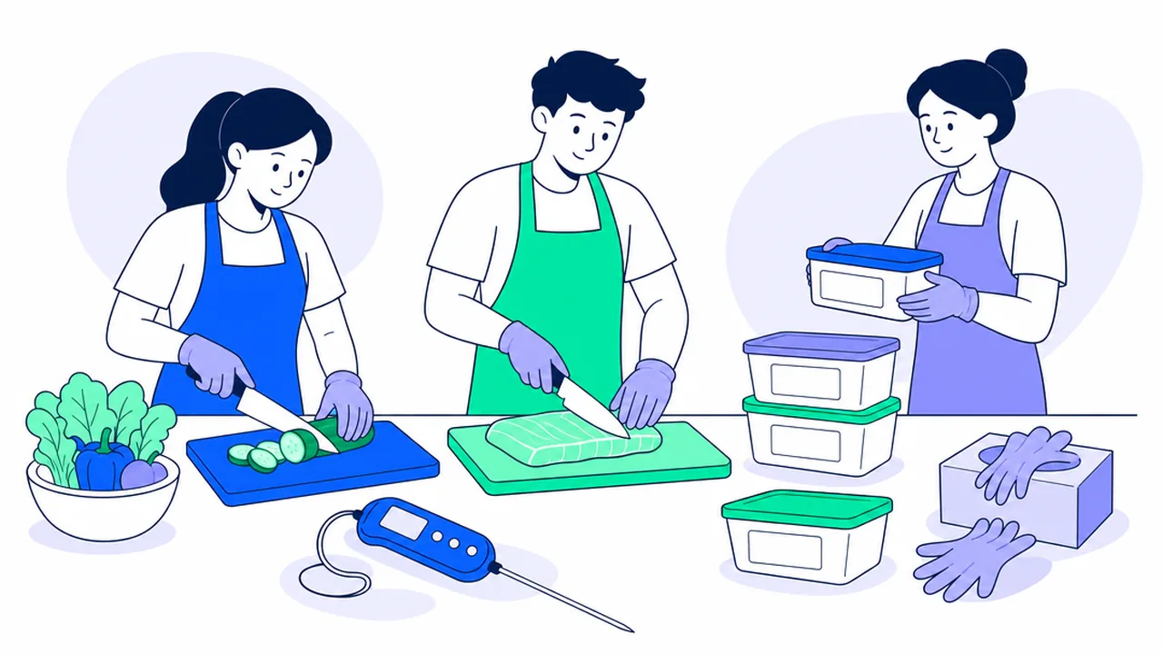 Three kitchen assistants at a food prep station with colour-coded cutting boards, a probe thermometer, labelled containers and disposable gloves