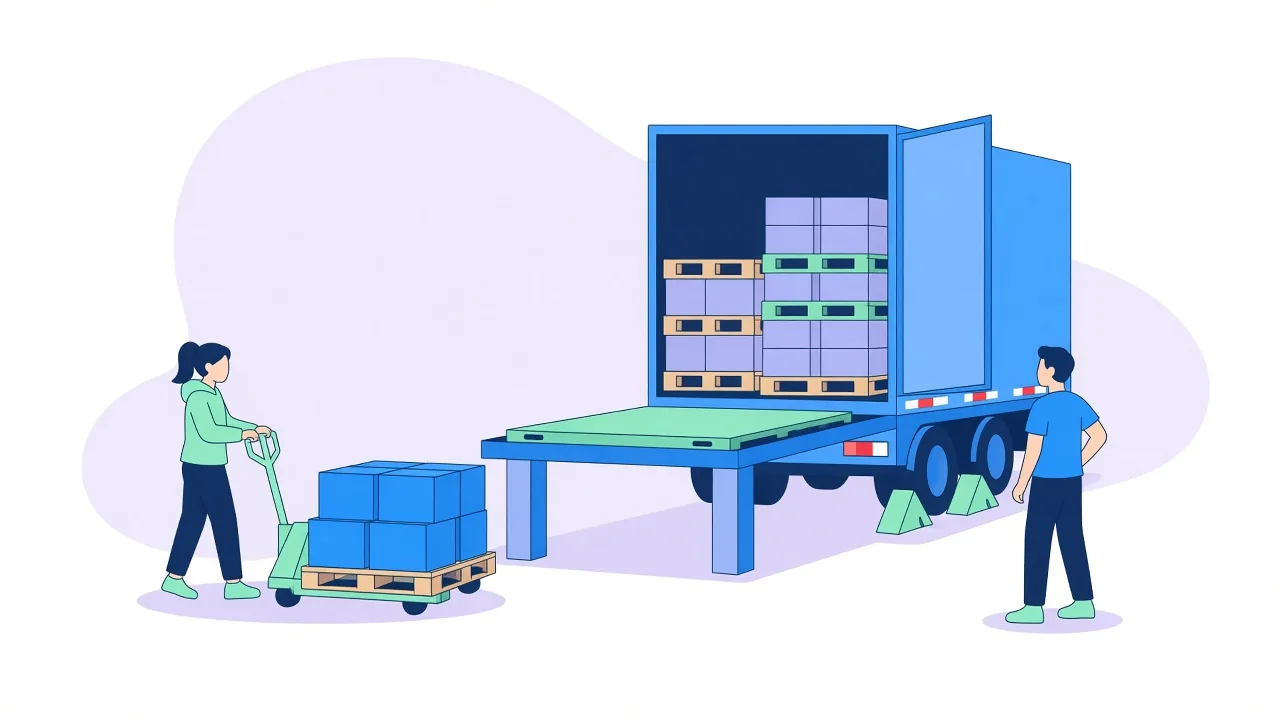 A loading dock with an open trailer full of pallets, a dock plate bridging the gap, wheel chocks at the rear wheels and a worker pushing a pallet jack loaded with boxes