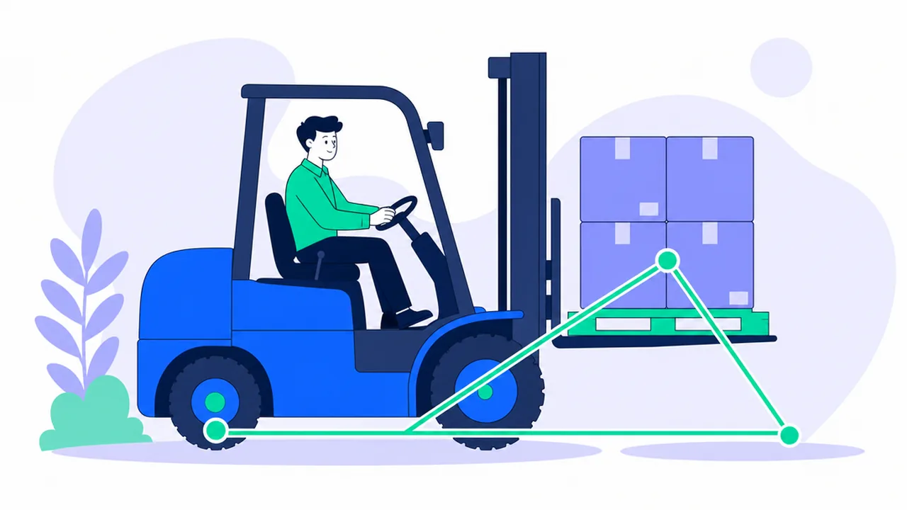 A forklift carrying a pallet, with a triangle drawn between its two front wheels and the center of its rear axle