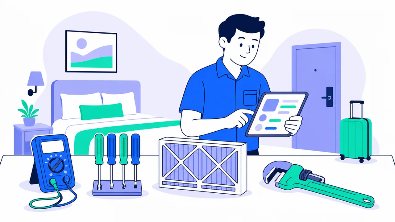 A hotel maintenance technician in a blue shirt reads work orders on a tablet in a guest room, with a multimeter, screwdrivers in a stand, an air filter and a pipe wrench on the desk in front of him