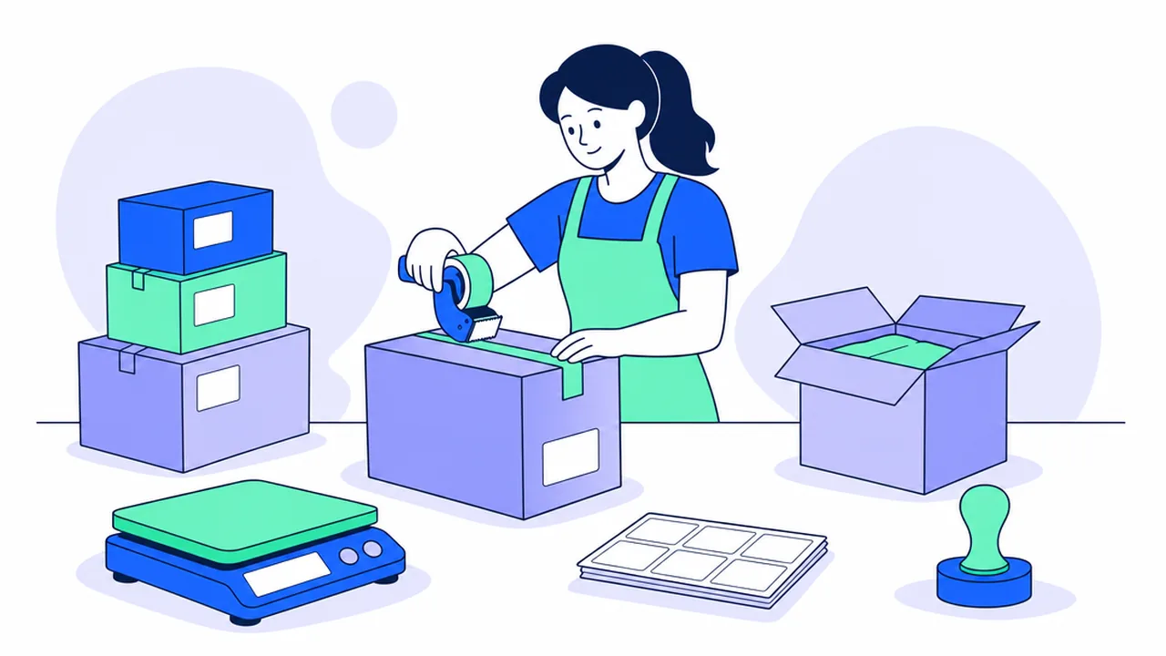 A packer taping a carton at a packing station with stacked cartons, a packing scale, blank labels and a quality check stamp