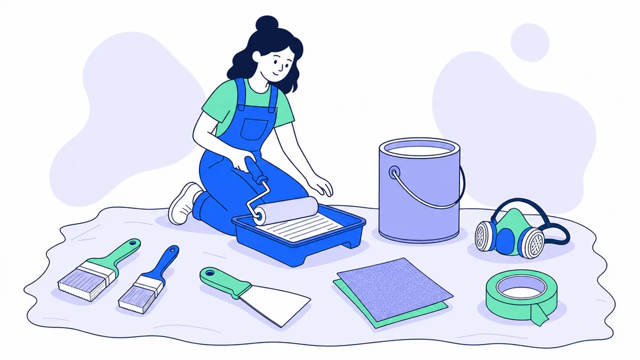 A painter in blue overalls kneels on a drop cloth loading a roller in a tray, next to two brushes, a scraper, sandpaper, a roll of masking tape, an unlabeled paint can and a respirator mask