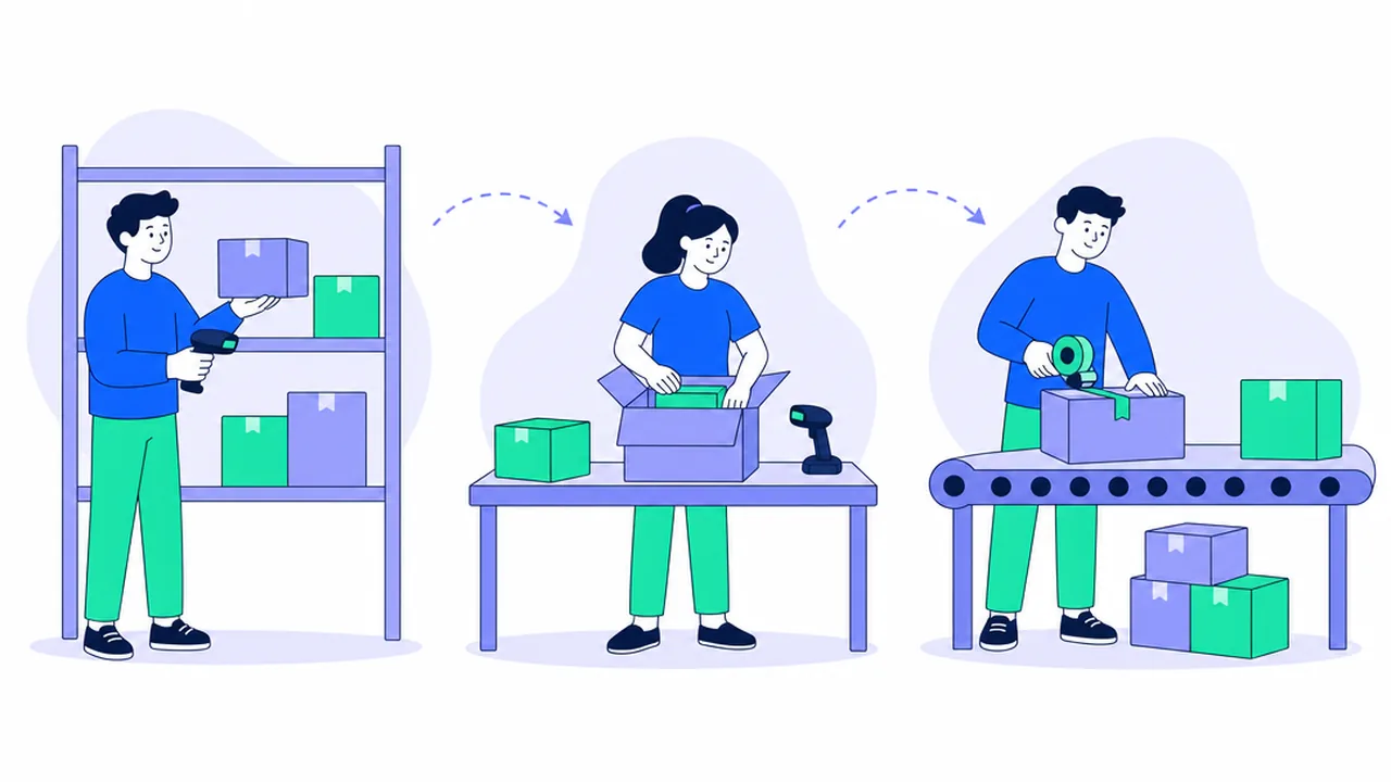 Three workers at three stations in a row: picking from a shelf with a handheld scanner, packing a box at a table, and sealing boxes on a conveyor for shipping