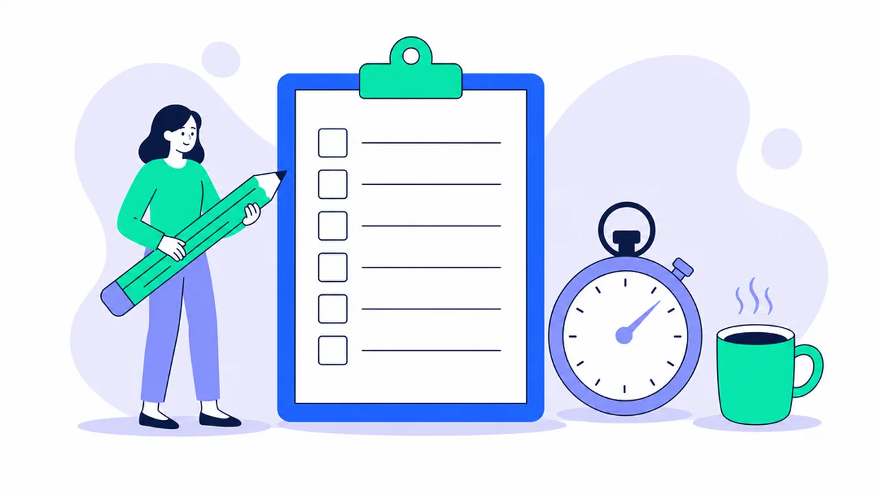 A woman holding a giant pencil stands next to a clipboard with six empty check boxes, beside a stopwatch and a steaming mug of coffee