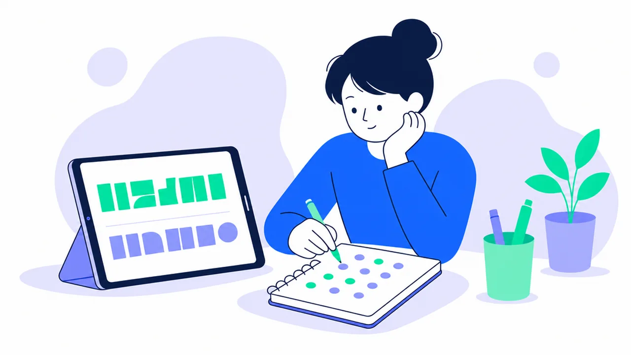 A woman with her chin on her hand marks green and purple dots in a notebook next to a tablet showing two rows of abstract subtitle shapes